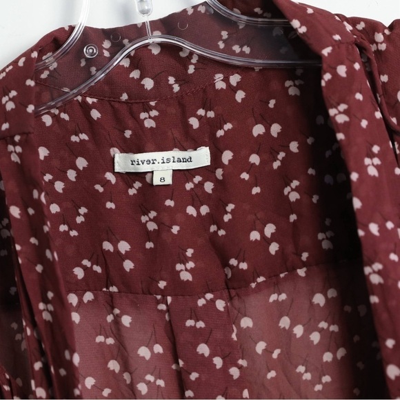 River Island jumpsuit floral print bohemian wide leg neck tie maroon wine UK 8 4 - Picture 3 of 11